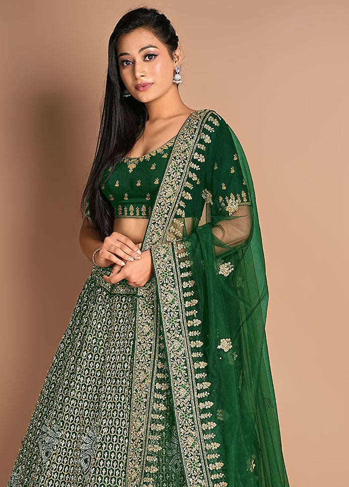 3 Pc Green Net Semi Stitched Lehenga Set