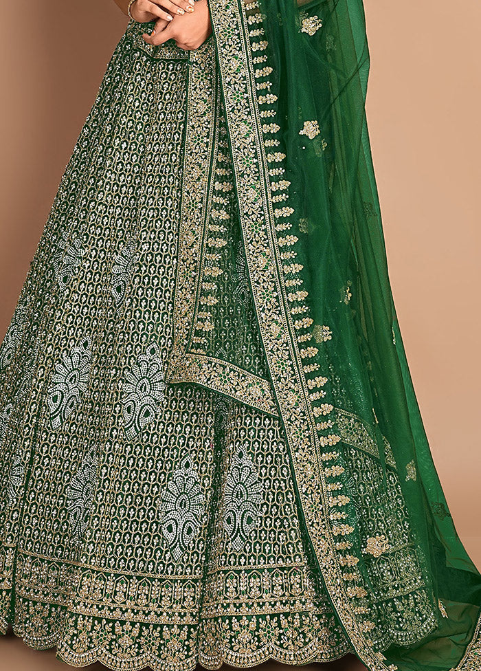 3 Pc Green Net Semi Stitched Lehenga Set