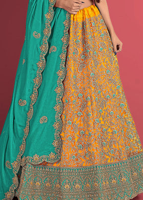 3 Pc Mustard Net Semi Stitched Lehenga Set