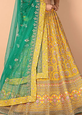 3 Pc Mustard Net Semi Stitched Lehenga Set