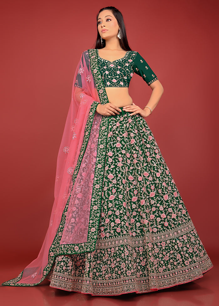 3 Pc Green Net Semi Stitched Lehenga Set