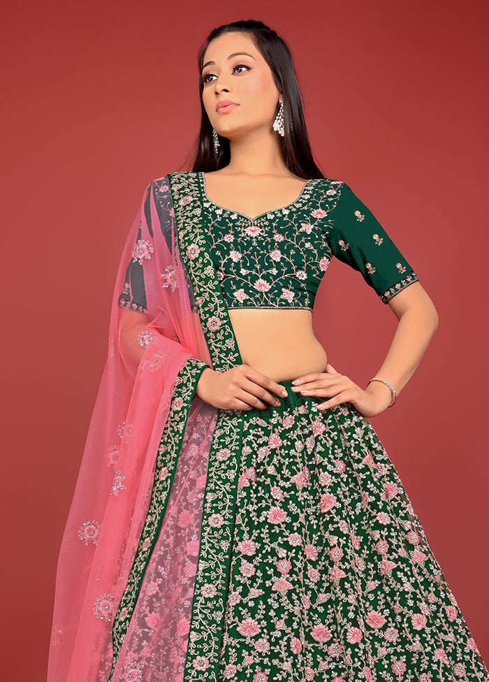 3 Pc Green Net Semi Stitched Lehenga Set