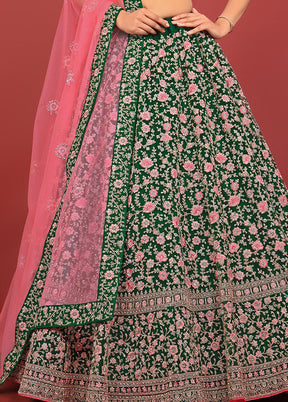 3 Pc Green Net Semi Stitched Lehenga Set