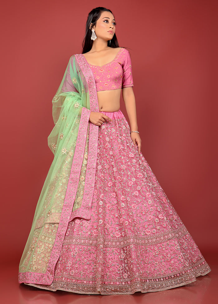 3 Pc Pink Net Semi Stitched Lehenga Set