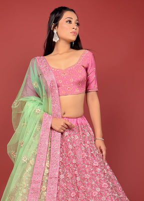 3 Pc Pink Net Semi Stitched Lehenga Set