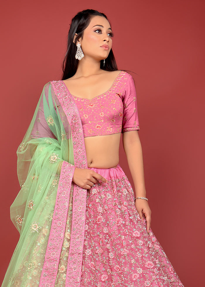 3 Pc Pink Net Semi Stitched Lehenga Set