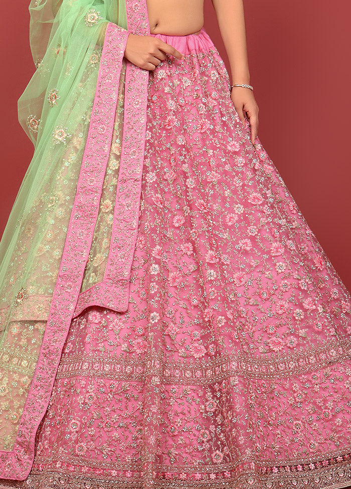 3 Pc Pink Net Semi Stitched Lehenga Set