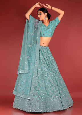 3 Pc Green Net Semi Stitched Lehenga Set