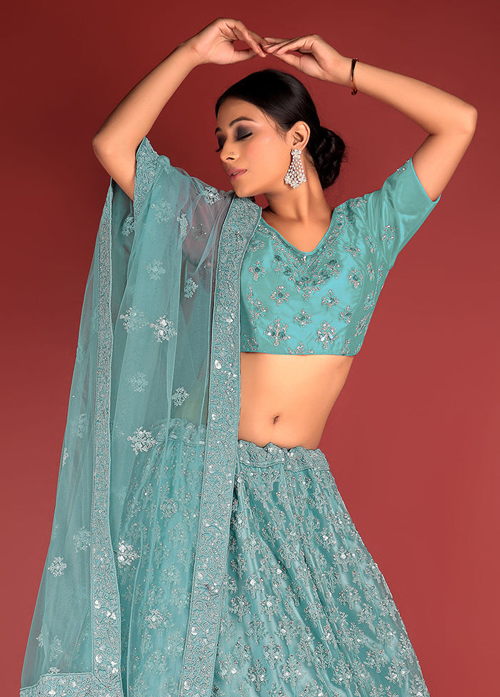 3 Pc Green Net Semi Stitched Lehenga Set