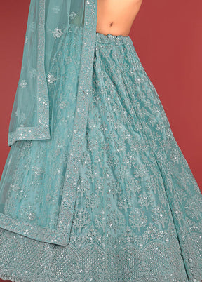 3 Pc Green Net Semi Stitched Lehenga Set