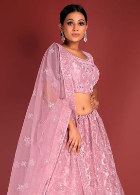 3 Pc Pink Net Semi Stitched Lehenga Set