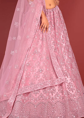 3 Pc Pink Net Semi Stitched Lehenga Set