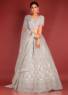 3 Pc White Net Semi Stitched Lehenga Set