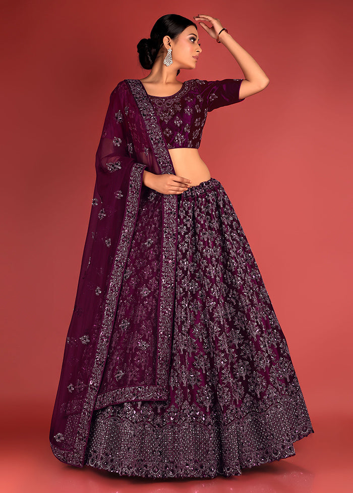 3 Pc Wine Net Semi Stitched Lehenga Set