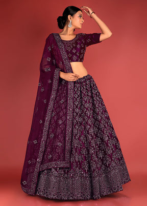 3 Pc Wine Net Semi Stitched Lehenga Set