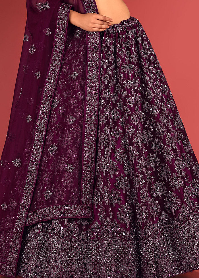 3 Pc Wine Net Semi Stitched Lehenga Set