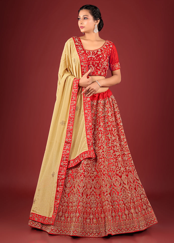 3 Pc Red Net Semi Stitched Lehenga Set