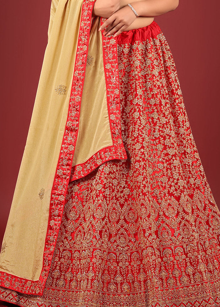 3 Pc Red Net Semi Stitched Lehenga Set