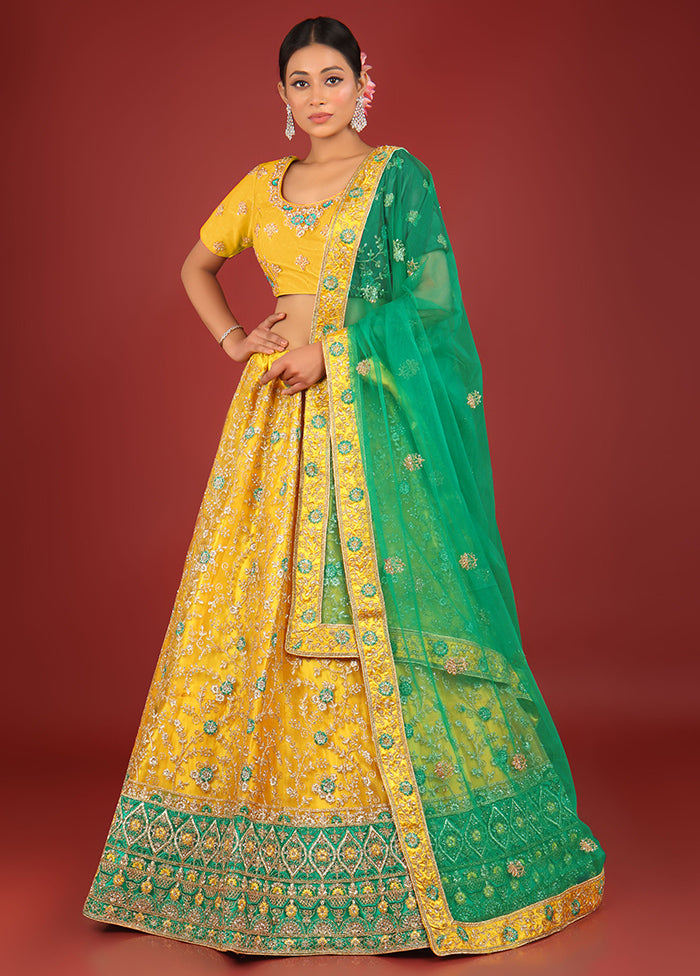 3 Pc Mustard Net Semi Stitched Lehenga Set