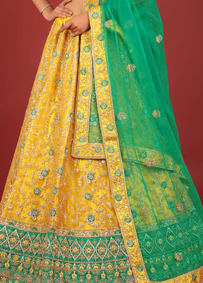 3 Pc Mustard Net Semi Stitched Lehenga Set