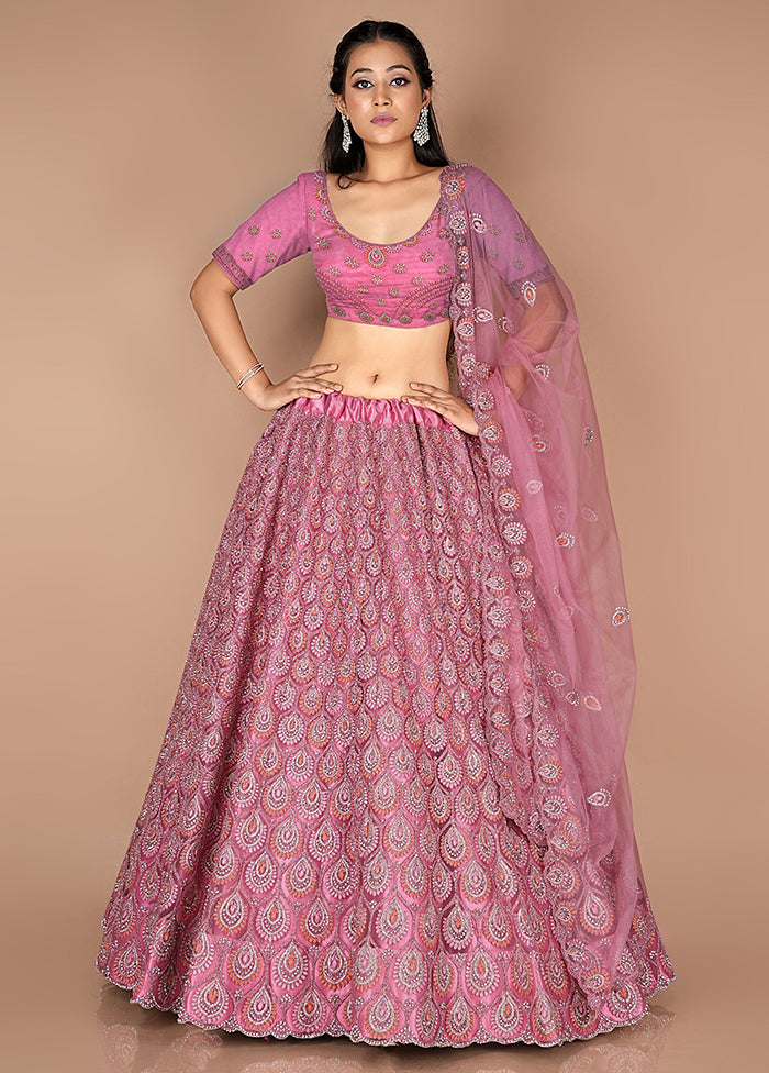 3 Pc Pink Net Semi Stitched Lehenga Set