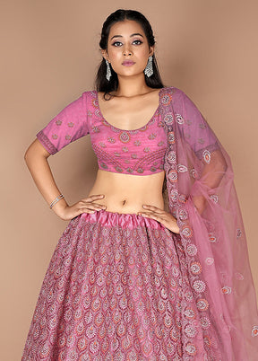 3 Pc Pink Net Semi Stitched Lehenga Set