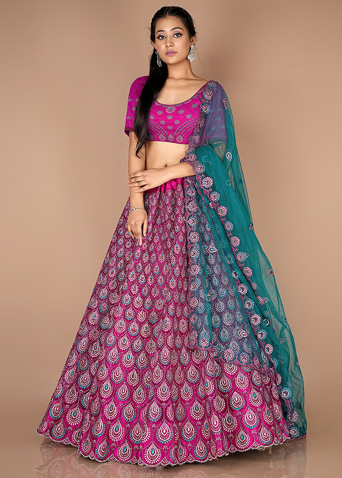 3 Pc Rani Net Semi Stitched Lehenga Set