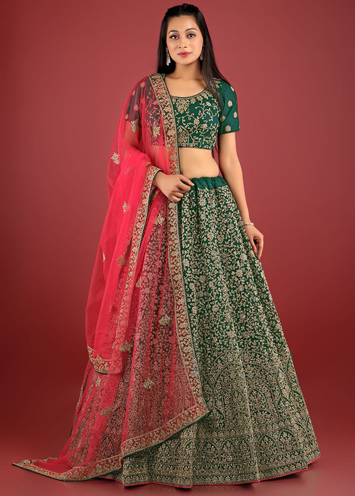 3 Pc Green Net Semi Stitched Lehenga Set