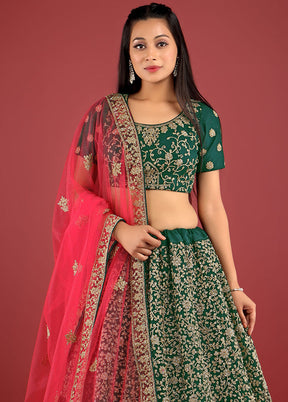 3 Pc Green Net Semi Stitched Lehenga Set