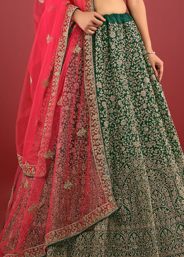 3 Pc Green Net Semi Stitched Lehenga Set