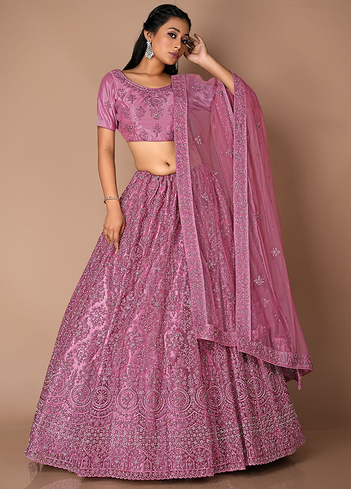 3 Pc Pink Net Semi Stitched Lehenga Set