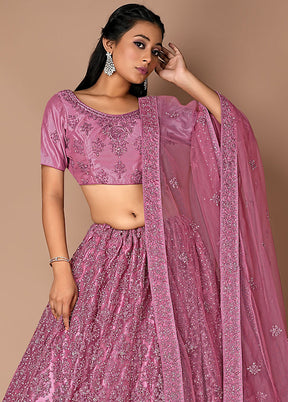 3 Pc Pink Net Semi Stitched Lehenga Set