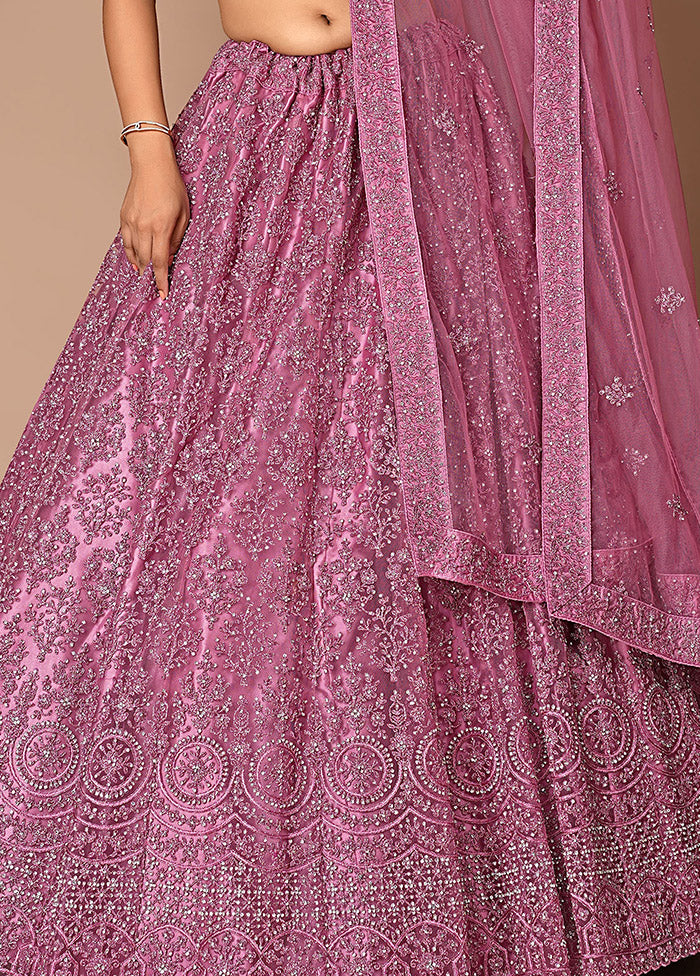 3 Pc Pink Net Semi Stitched Lehenga Set