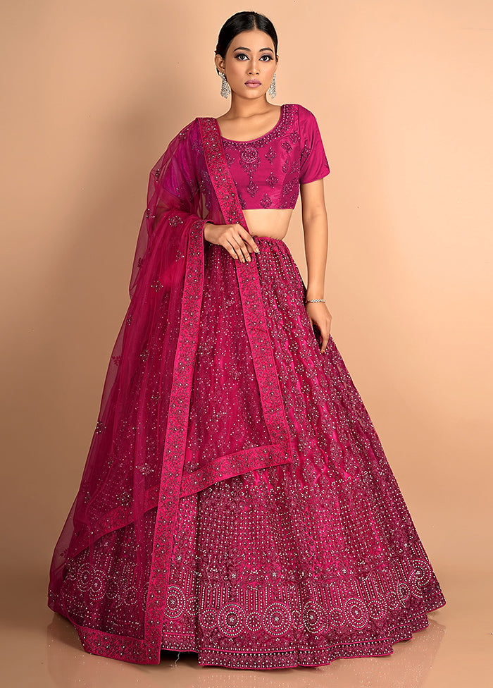 3 Pc Rani Net Semi Stitched Lehenga Set