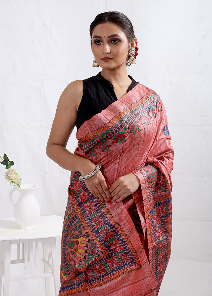 Pink Madhubani Printed Pure Tussar Silk Saree With Blouse Piece