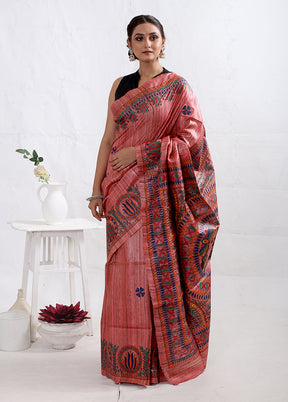 Pink Madhubani Printed Pure Tussar Silk Saree With Blouse Piece