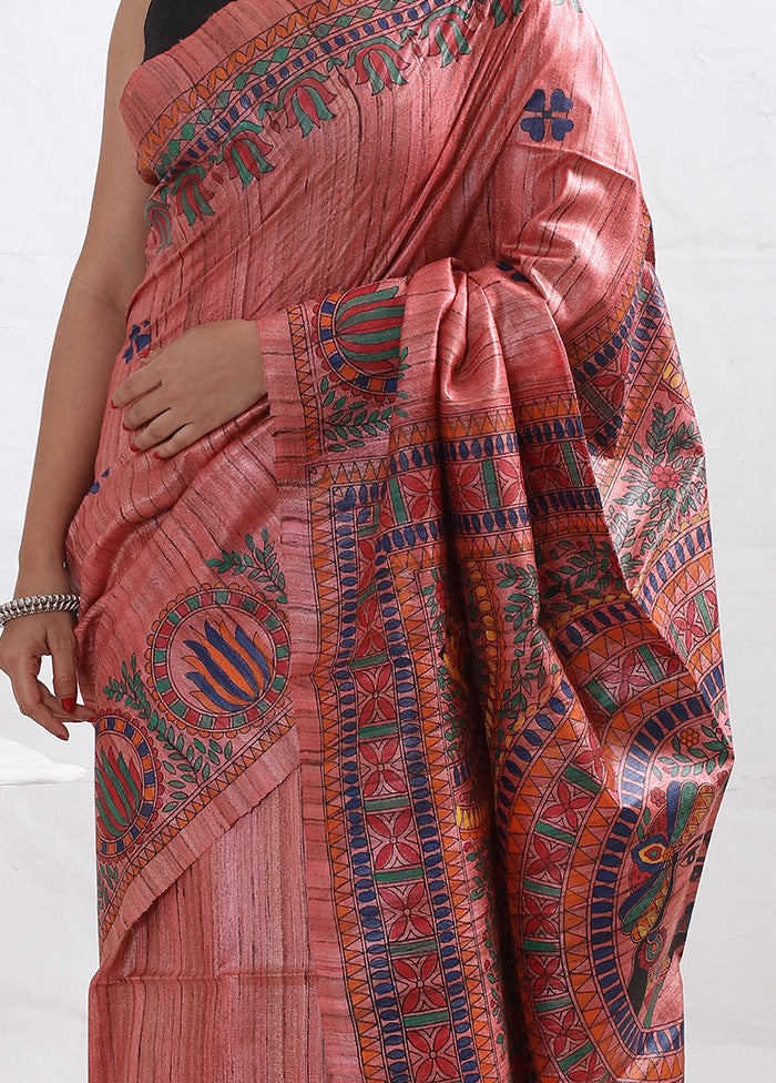 Pink Madhubani Printed Pure Tussar Silk Saree With Blouse Piece