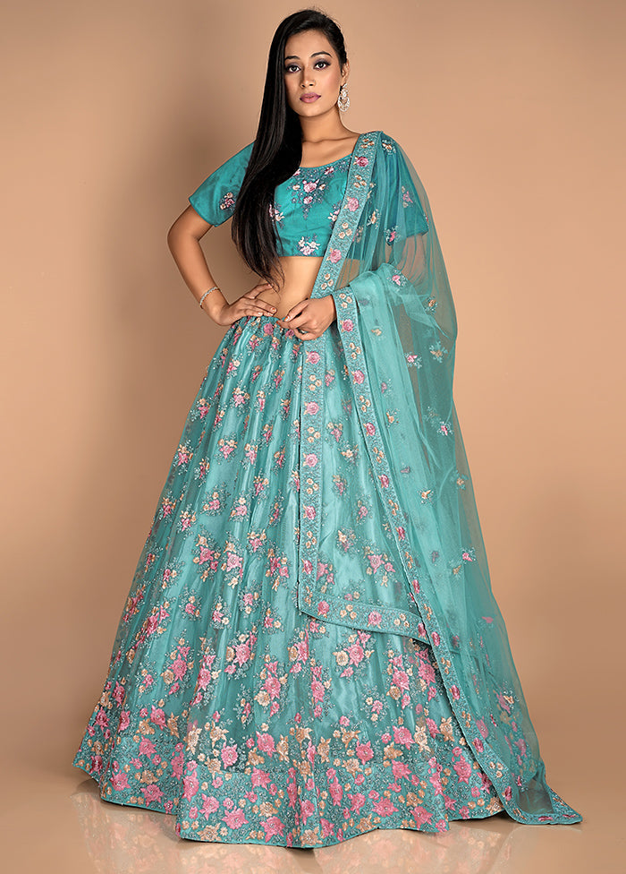 3 Pc Green Net Semi Stitched Lehenga Set