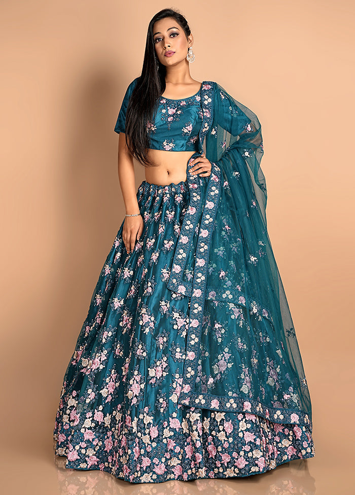 3 Pc Peach Net Semi Stitched Lehenga Set