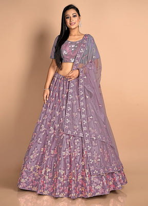 3 Pc Purple Net Semi Stitched Lehenga Set