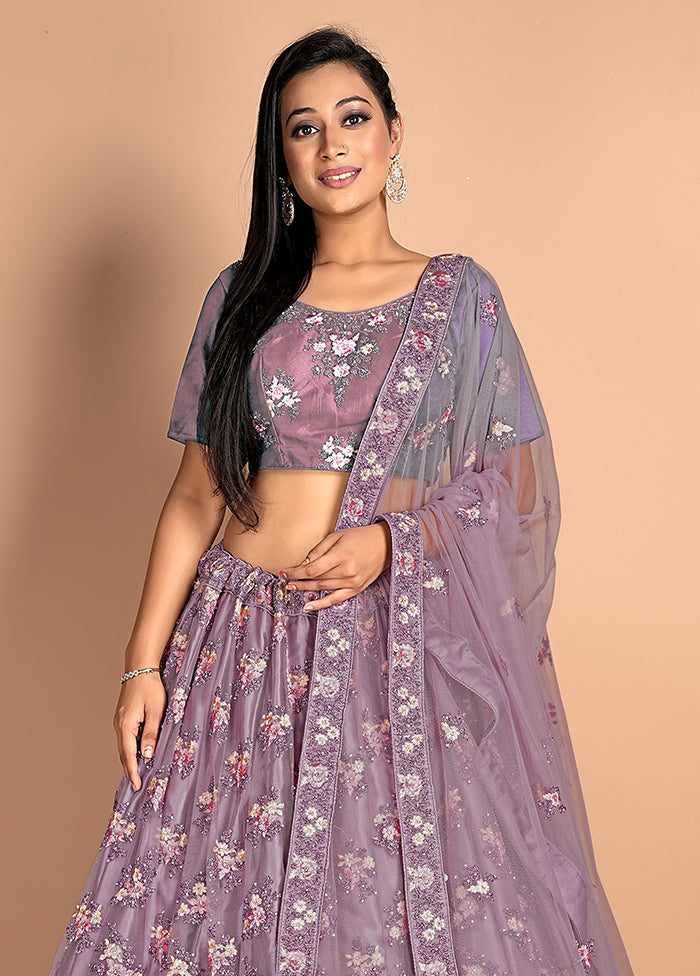 3 Pc Purple Net Semi Stitched Lehenga Set