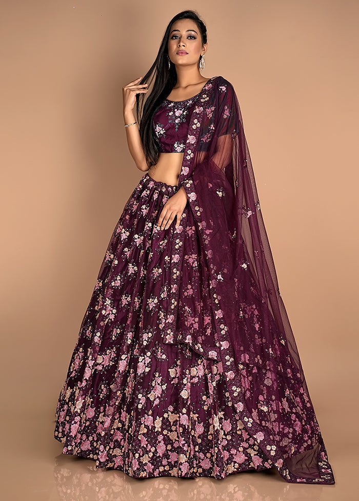 3 Pc Wine Net Semi Stitched Lehenga Set