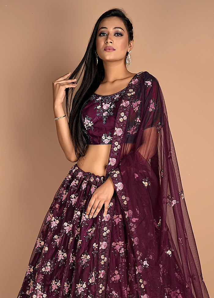 3 Pc Wine Net Semi Stitched Lehenga Set