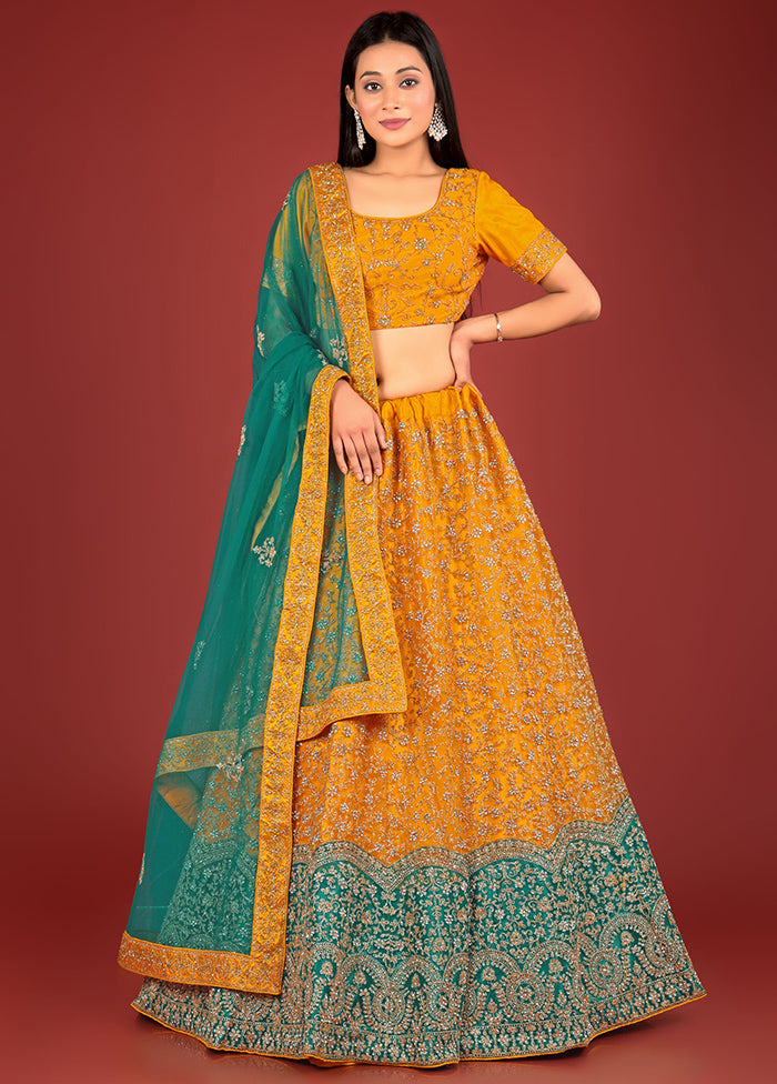 3 Pc Mustard Net Semi Stitched Lehenga Set