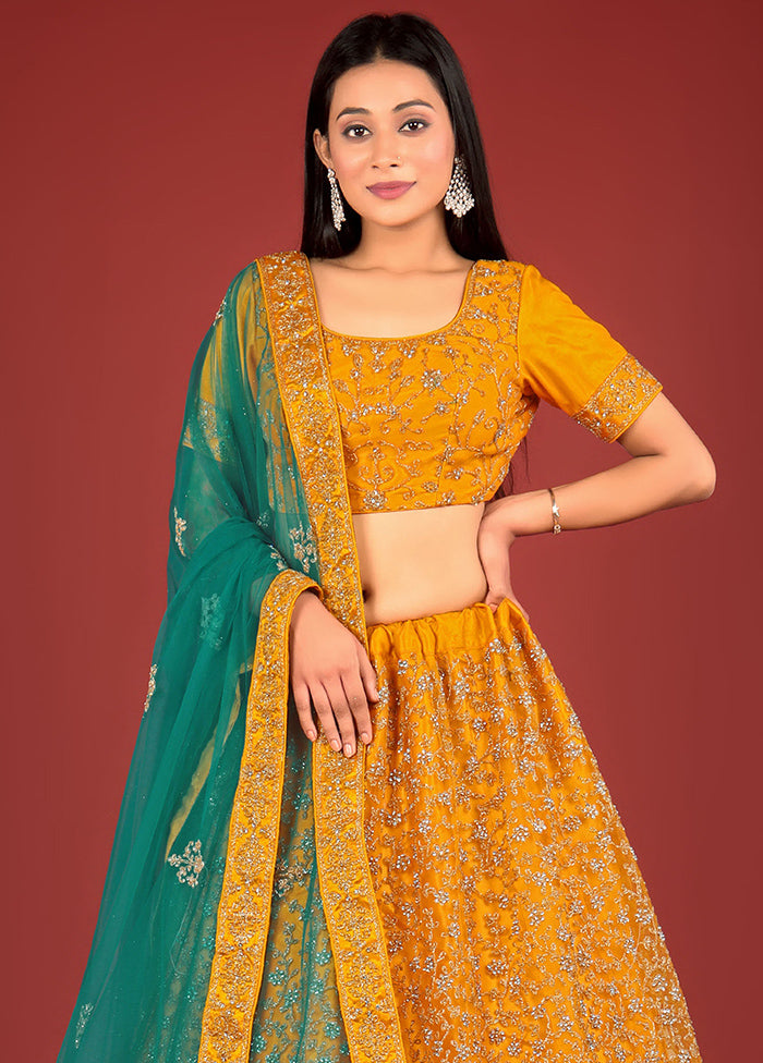 3 Pc Mustard Net Semi Stitched Lehenga Set