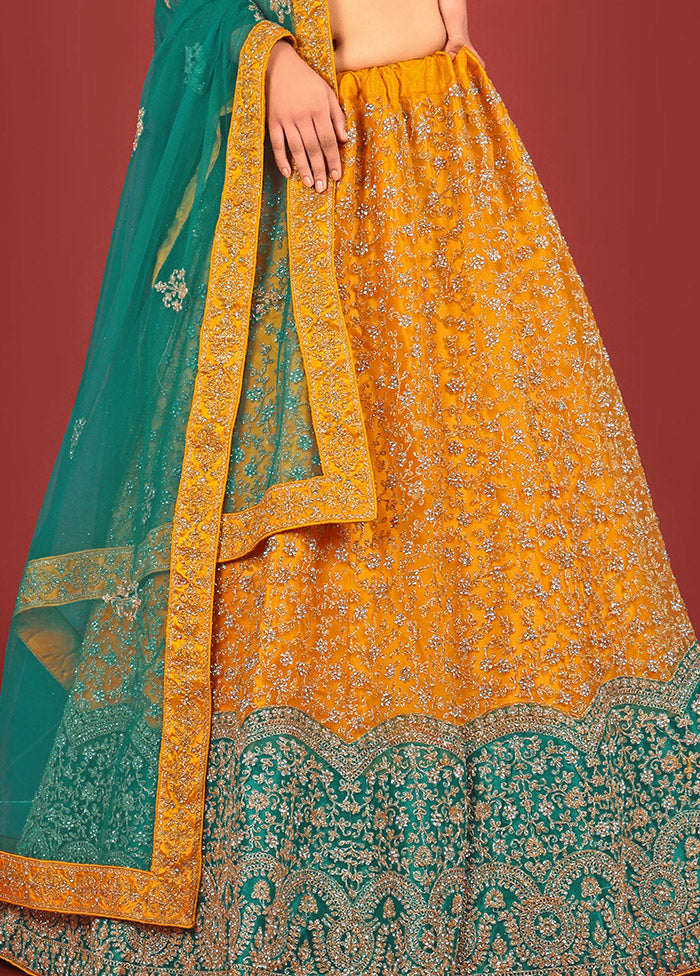 3 Pc Mustard Net Semi Stitched Lehenga Set