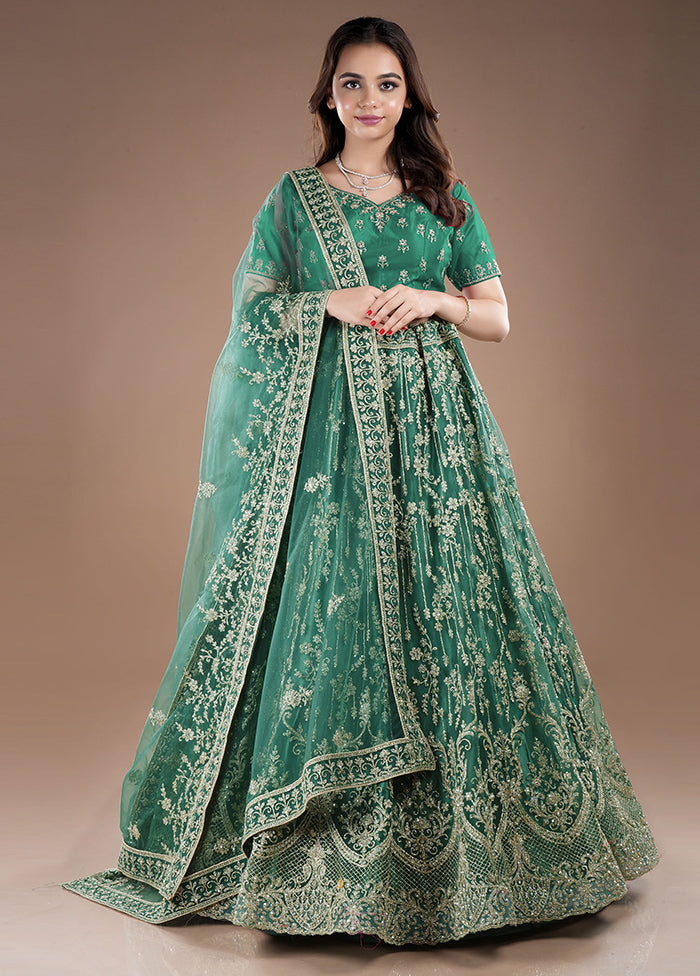 3 Pc Green Net Semi Stitched Lehenga Set