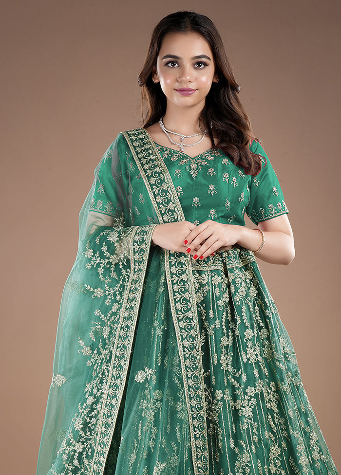 3 Pc Green Net Semi Stitched Lehenga Set