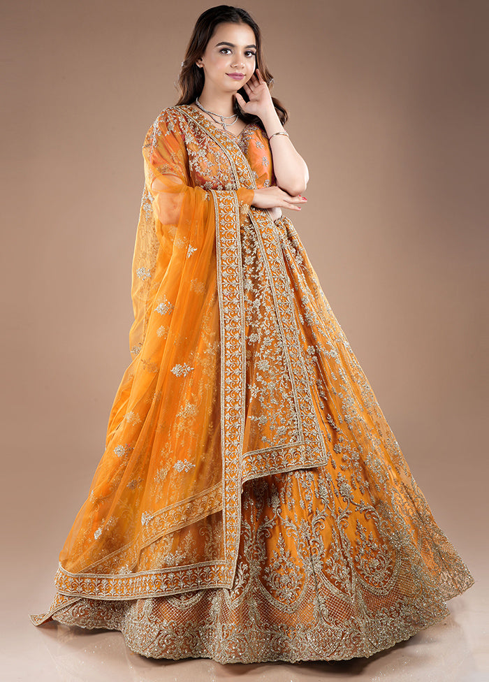 3 Pc Mustard Net Semi Stitched Lehenga Set