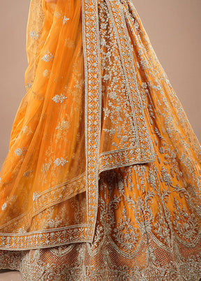 3 Pc Mustard Net Semi Stitched Lehenga Set